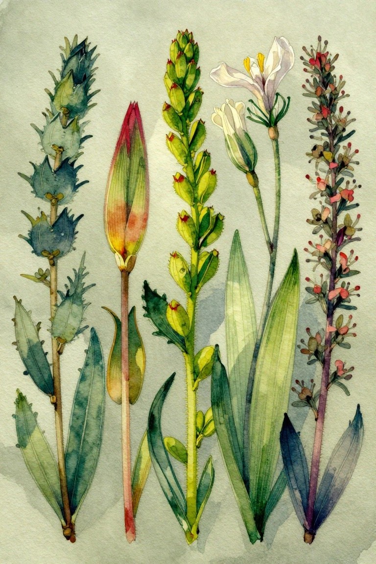 Watercolor botanical study of assorted plants with buds, blooms, and leaves.