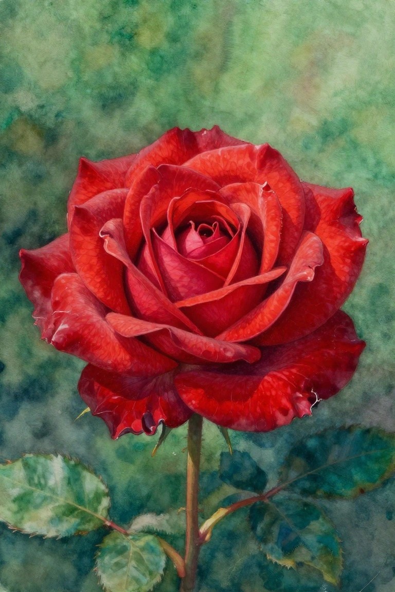 Vibrant red rose in full bloom with water droplets on blurred green background