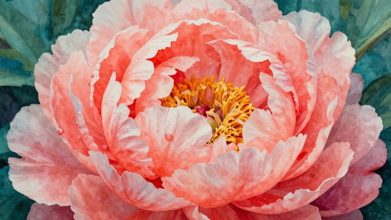 Watercolor close-up of a blooming pink peony with yellow center and water droplets.