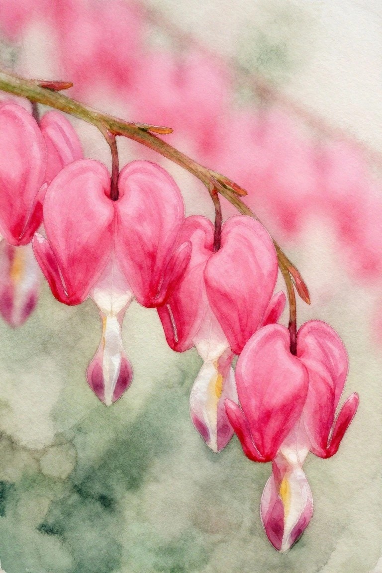 Watercolor of pink bleeding heart flowers dangling from a slender branch.
