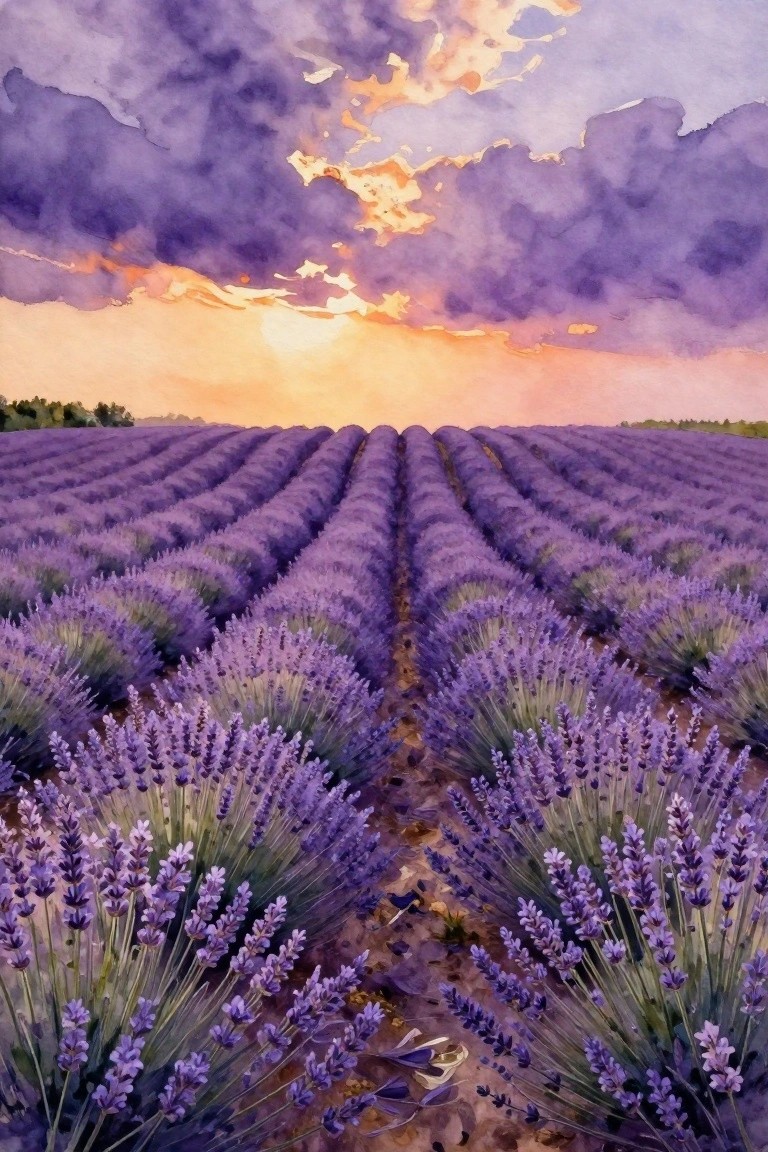 A watercolor painting of a lavender field with rows of purple flowers leading to a sunset horizon under dramatic purple and orange clouds.