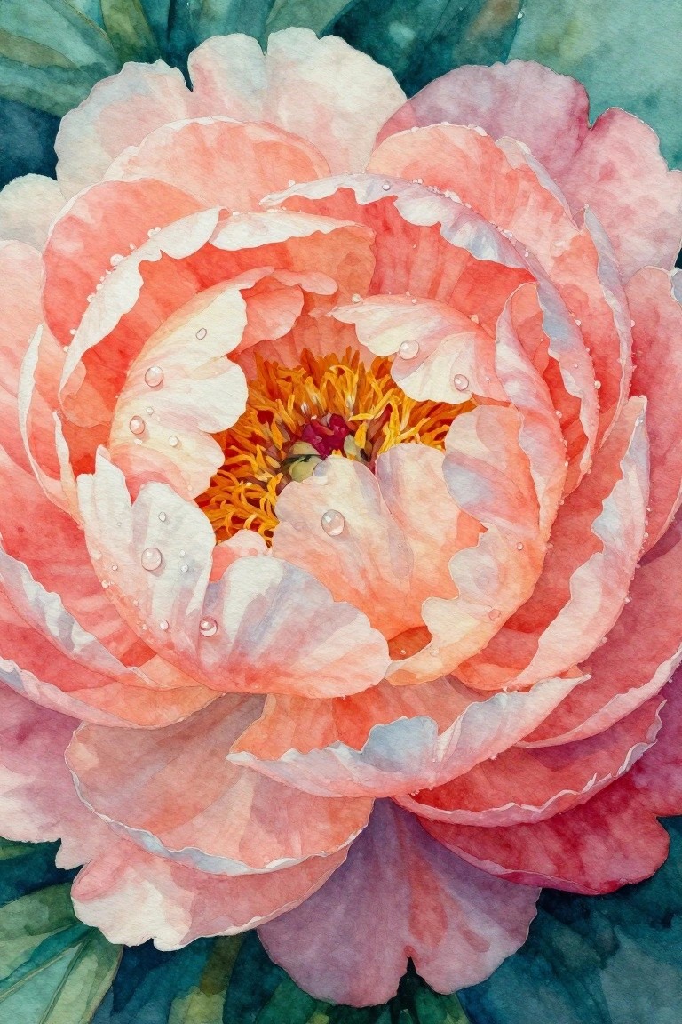 Watercolor close-up of a blooming pink peony with yellow center and water droplets.