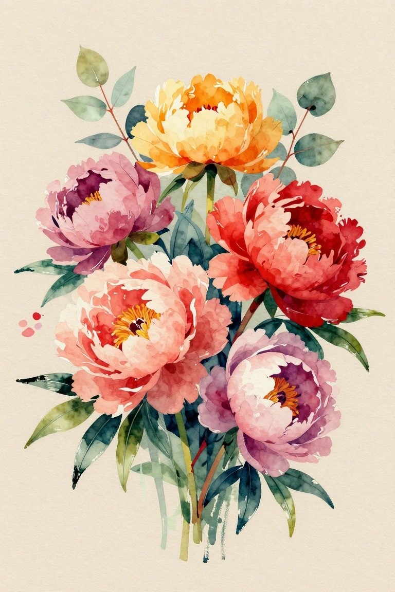 Watercolor peonies in pink, red, orange, and yellow with green leaves.
