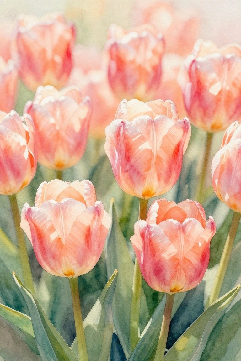 Watercolor of blooming pink tulips with green stems in soft sunlight.