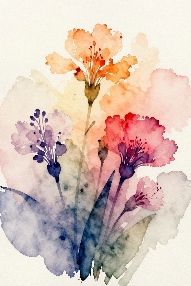 A watercolor painting of several flowers in orange, red, pink, and purple hues with abstract background washes.