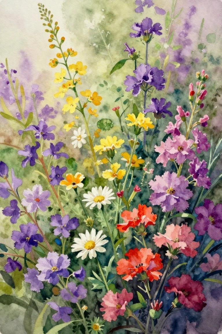 A dense cluster of yellow, purple, pink, red, and white flowers with green stems painted in a loose watercolor style against a soft green and purple background.