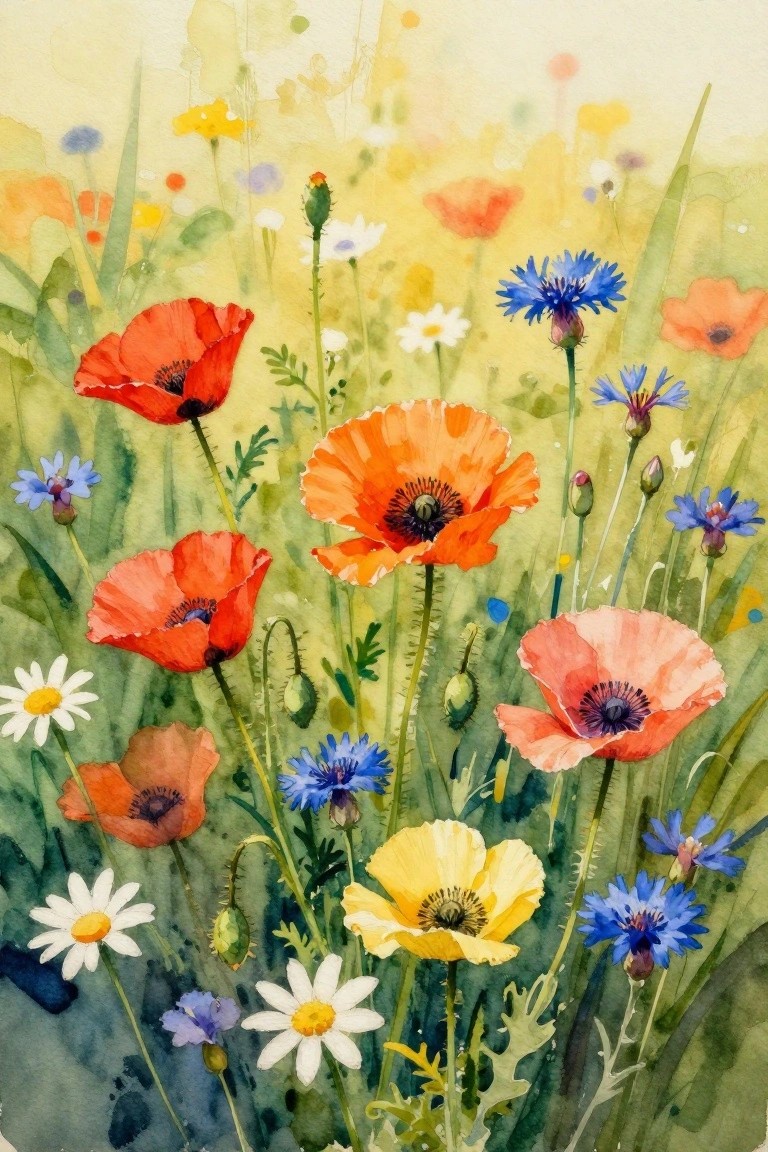 Vibrant watercolor meadow blooming with red poppies, blue cornflowers, and yellow wildflowers.