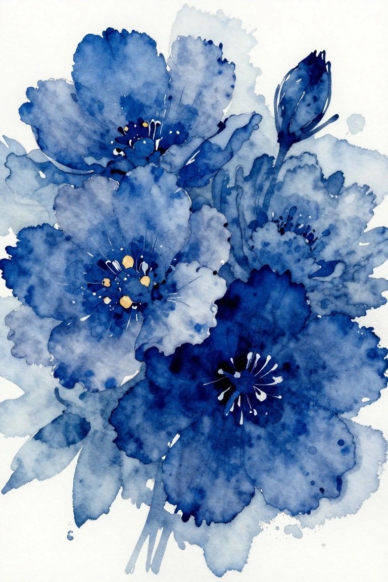 Blue watercolor flowers with yellow centers, splashes, and a closed bud