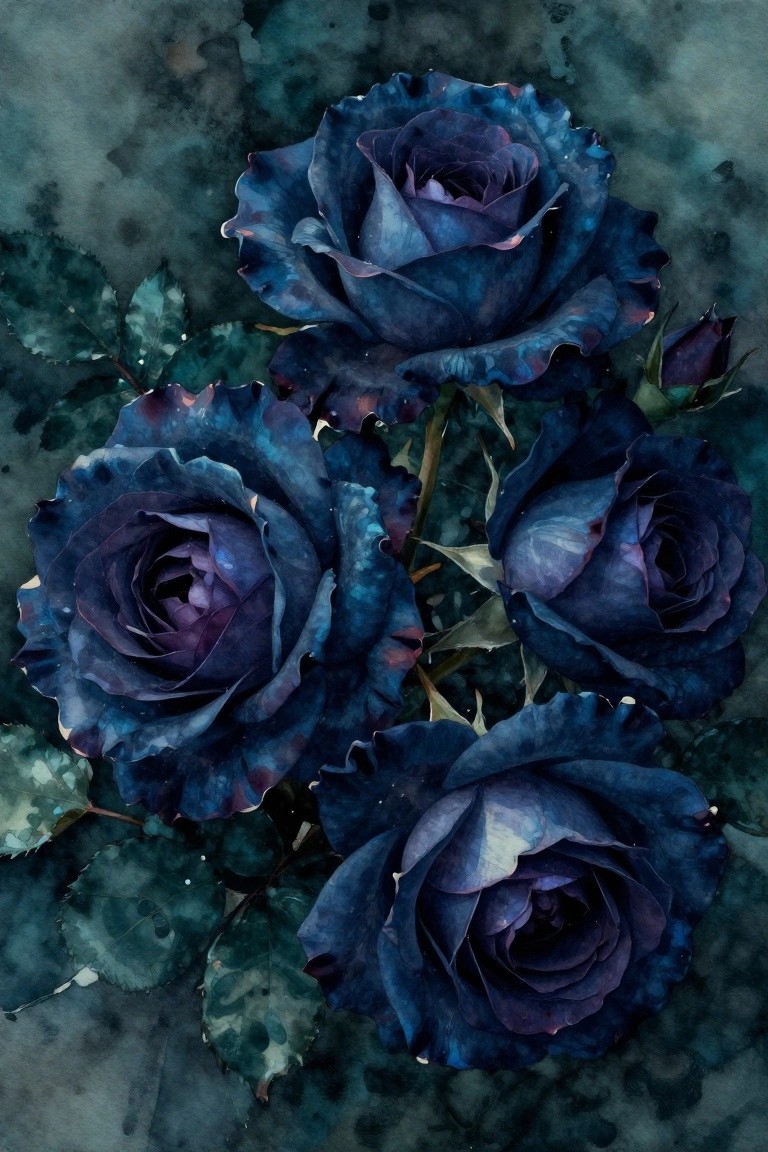 Dark blue and purple watercolor roses with leaves on a moody background