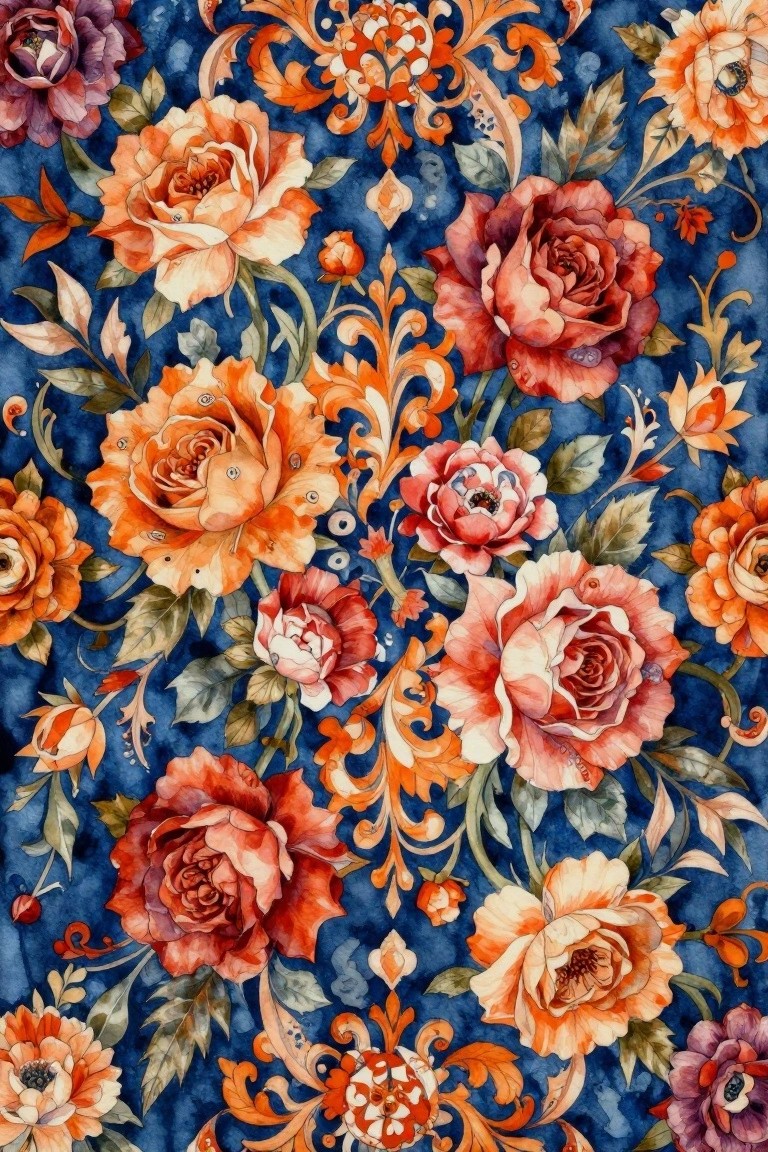 Ornate watercolor floral pattern with coral roses and golden swirls on navy blue