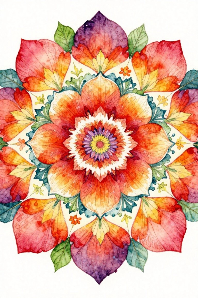 Colorful watercolor mandala with layered red-orange floral petals and green leaves
