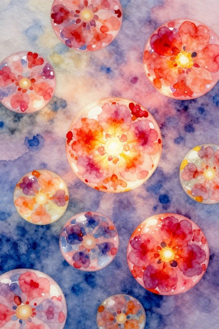 Multiple circular watercolor flowers in red and orange tones scattered on a blue and purple abstract background.