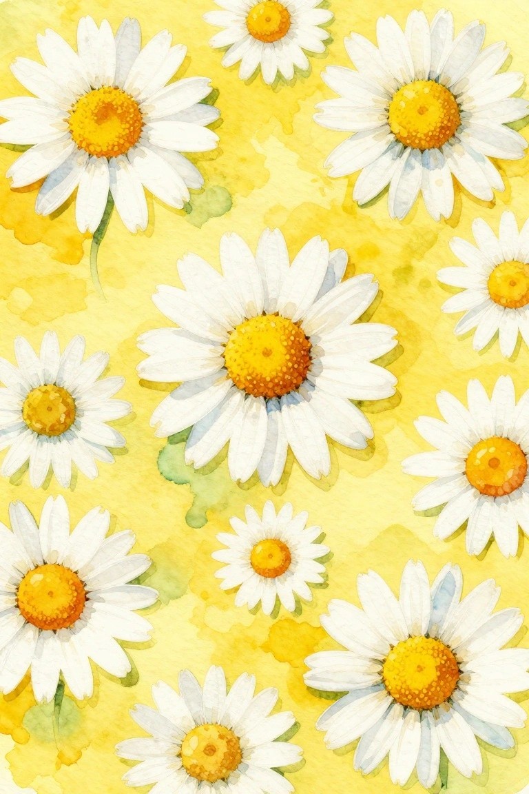 Watercolor daisies with white petals and yellow centers on bright yellow background.