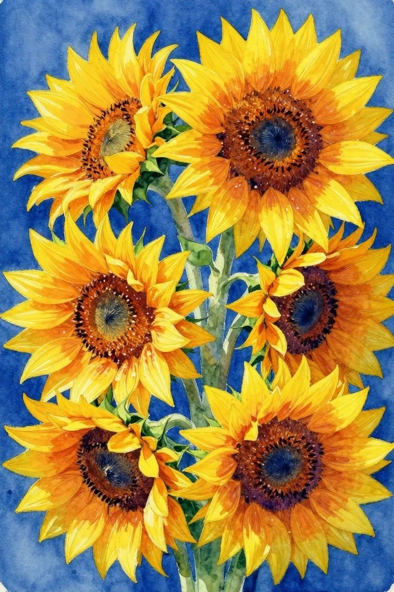 Vibrant yellow sunflowers with brown centers in watercolor on blue background