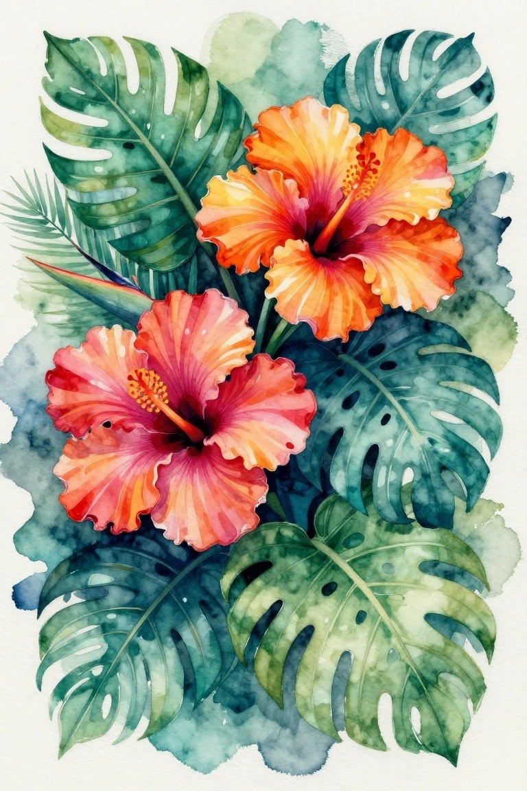 Vibrant orange and pink hibiscus flowers with green monstera leaves in watercolor