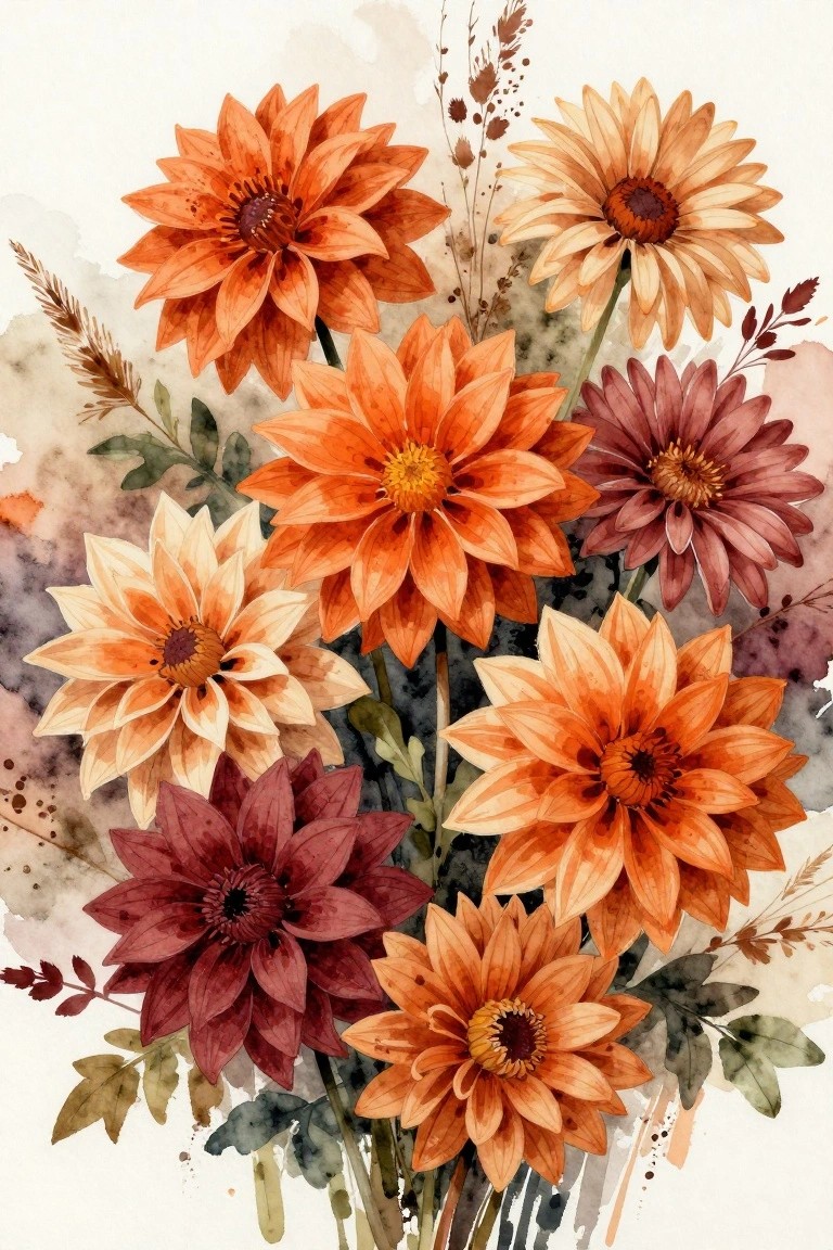 Watercolor bouquet of orange, red, and cream dahlias with green leaves and stems