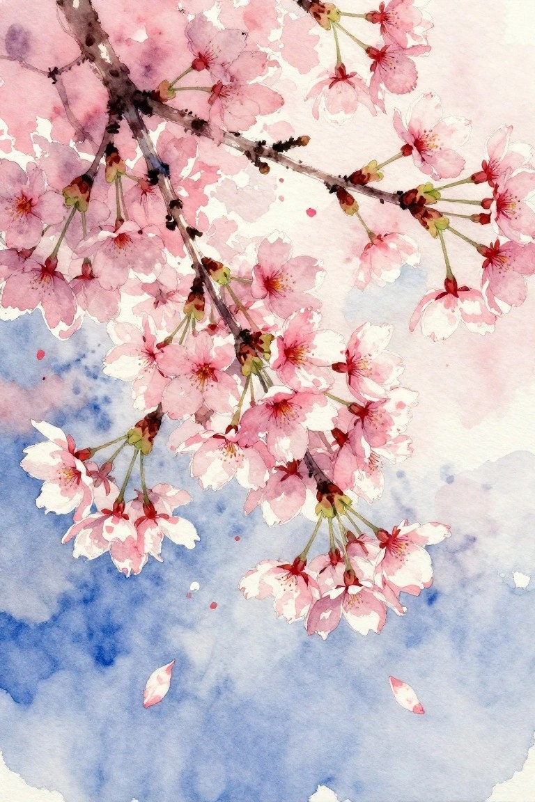 Watercolor painting of pink cherry blossoms on branches with blue sky and falling petals.