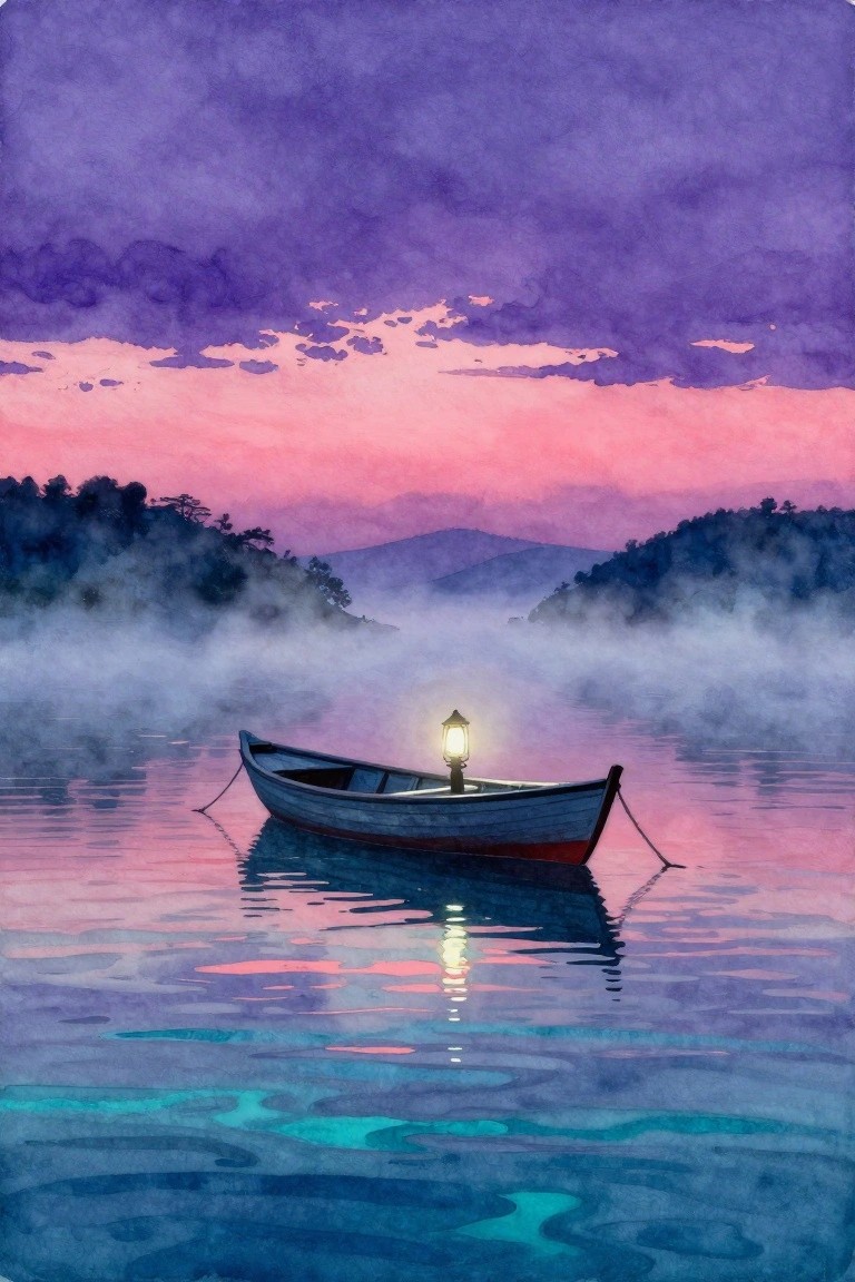 Watercolor of small boat with glowing lantern on misty pink-purple waters at dusk