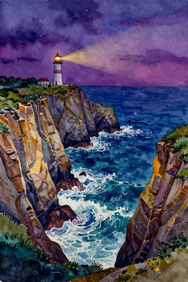 Watercolor of lighthouse on cliffs beaming light over crashing waves under purple night sky.