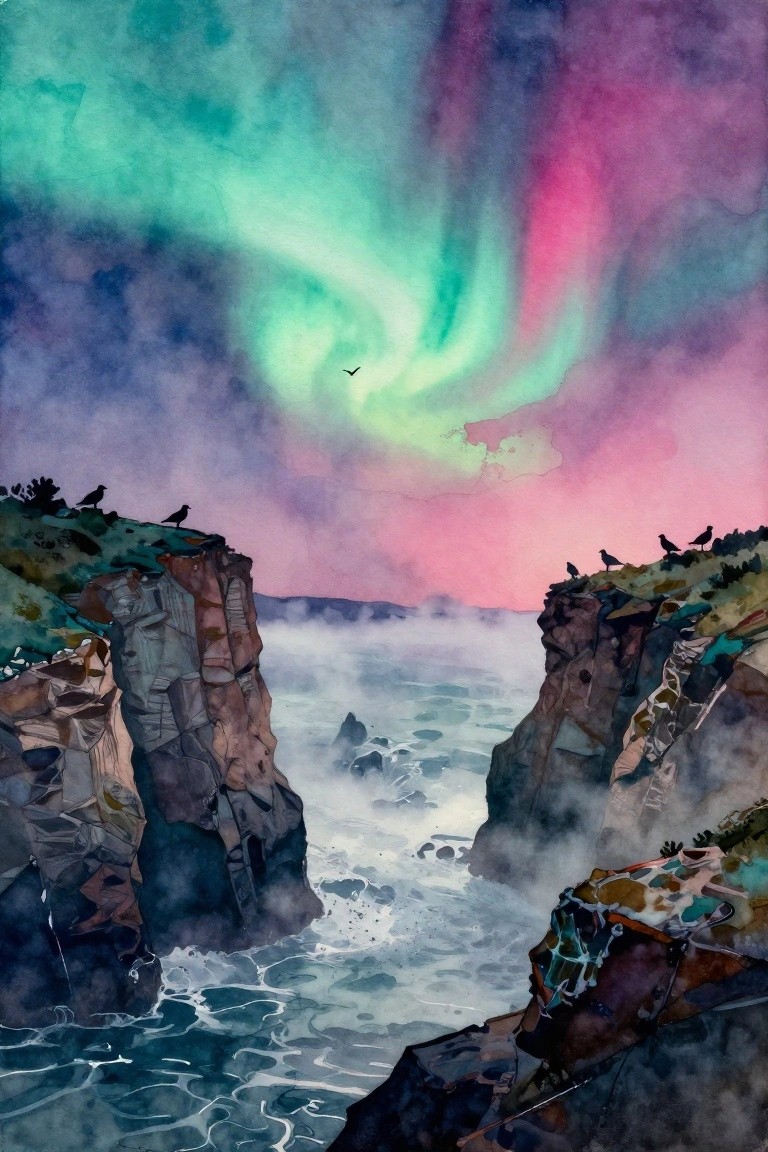 A watercolor painting of rocky cliffs on both sides of a misty ocean under a vibrant green, pink, and purple aurora sky with birds on the cliffs.