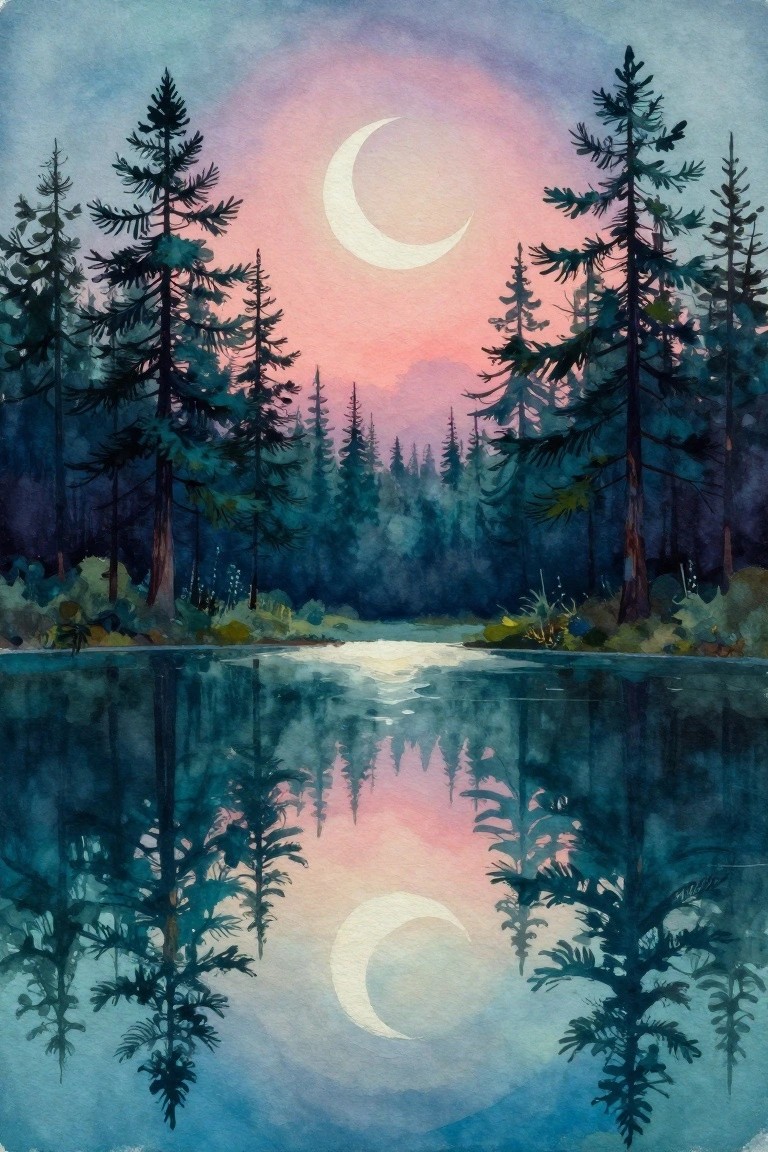 Watercolor of crescent moon glowing over pine forest reflected in misty lake at dusk