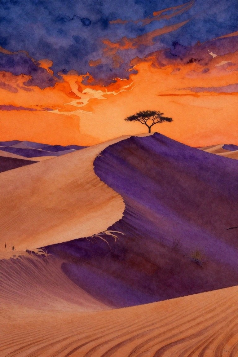 Watercolor of lone tree atop rolling purple dunes under vivid orange sunset sky