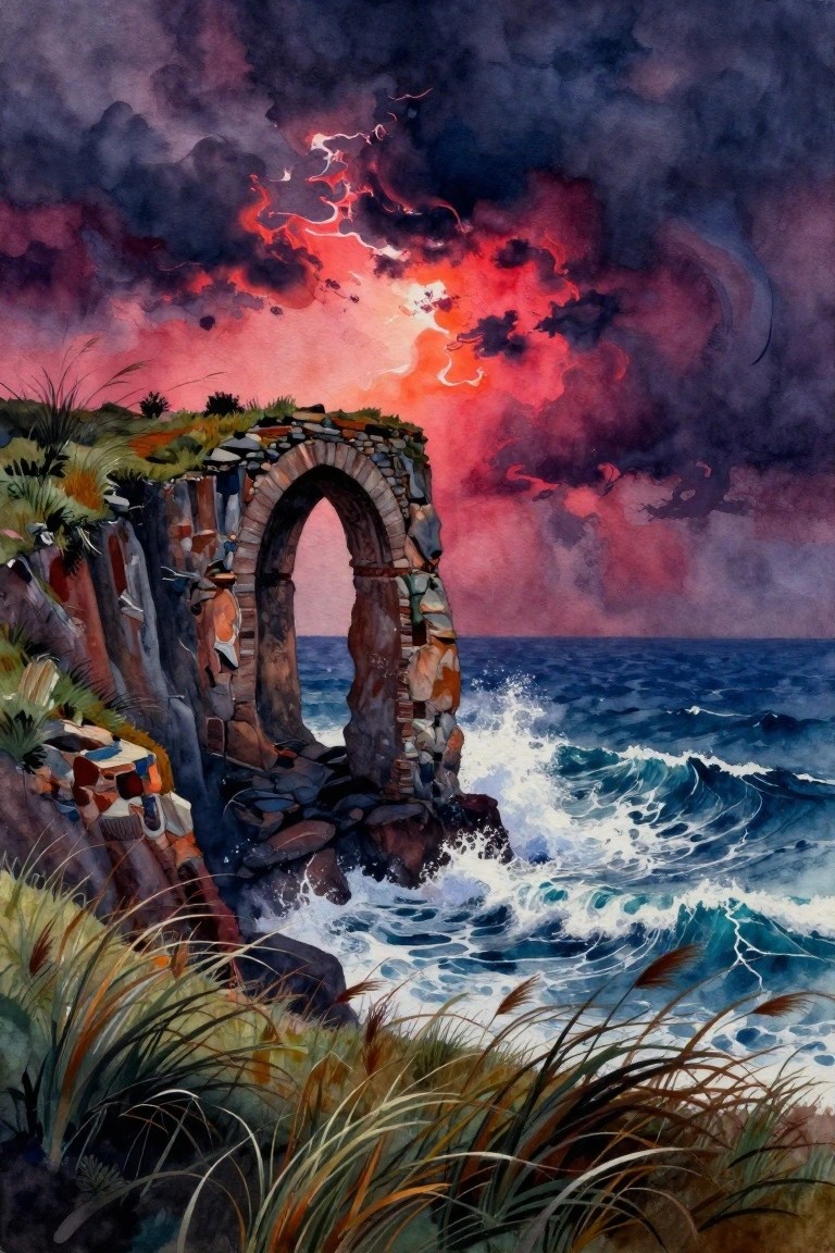 Watercolor of crumbling stone arch on cliff by crashing waves under red stormy sky.