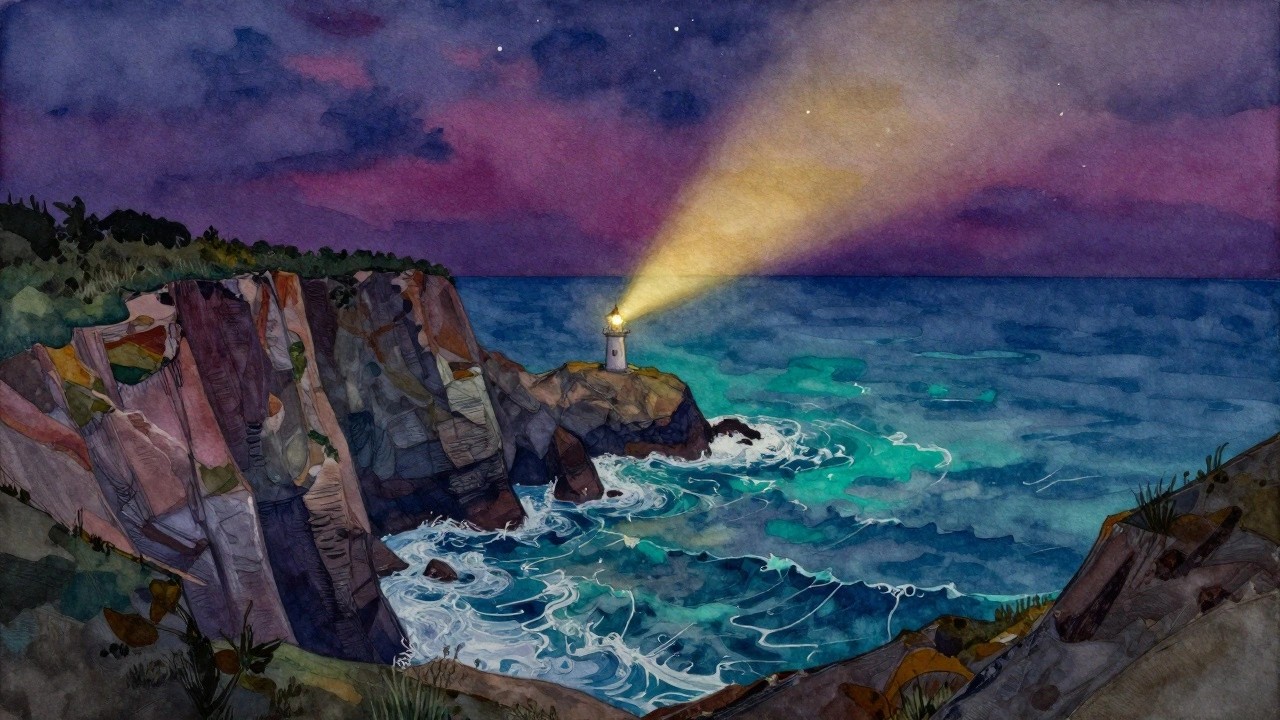 Watercolor of lighthouse on cliffs beaming light over crashing waves under purple night sky.