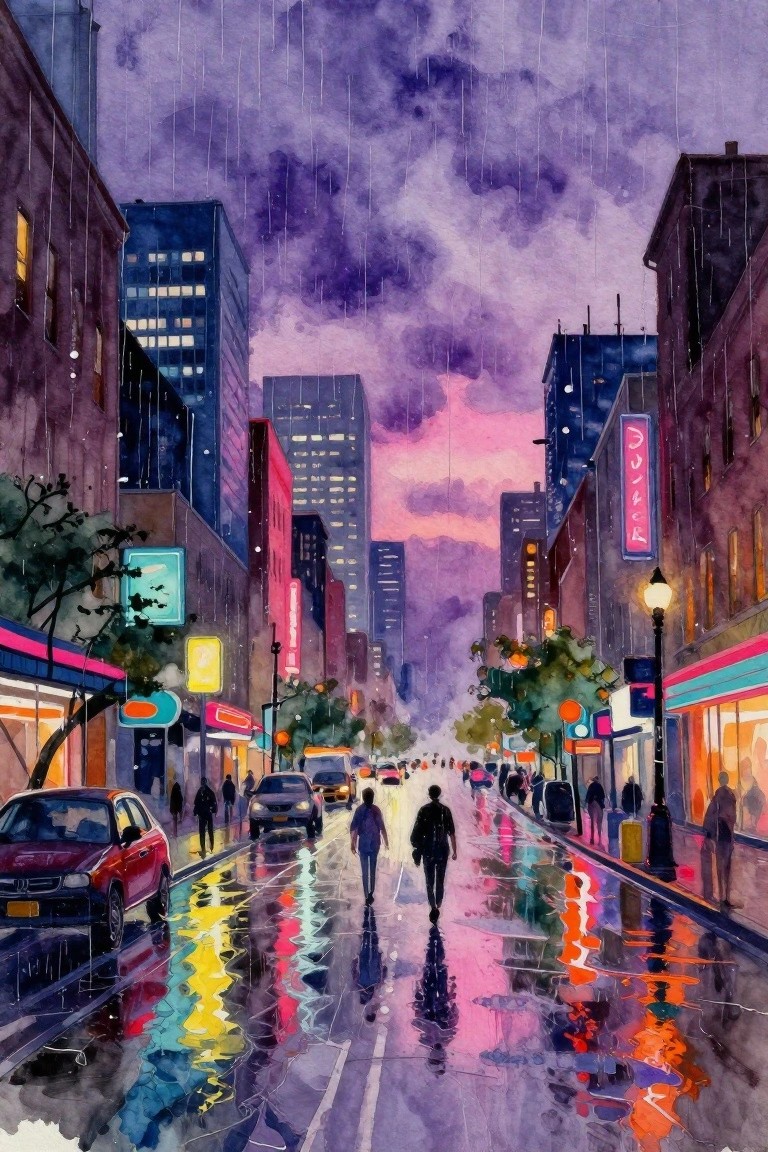 Watercolor of rainy city street at dusk with neon reflections and pedestrians on wet pavement