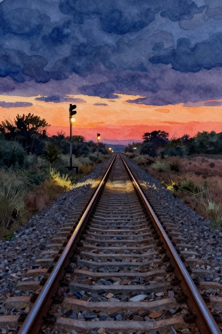 Railway tracks recede under dramatic orange-purple sunset sky with glowing signals