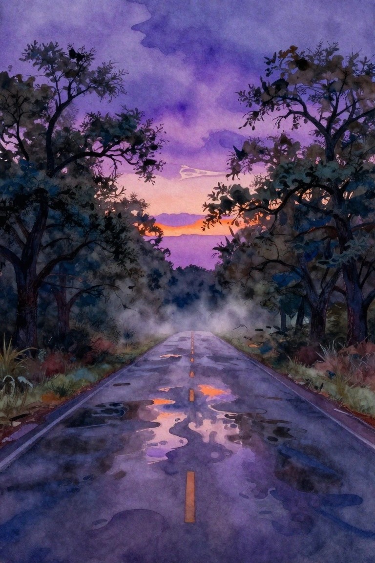Watercolor painting of wet road reflecting purple-orange sunset amid misty trees.