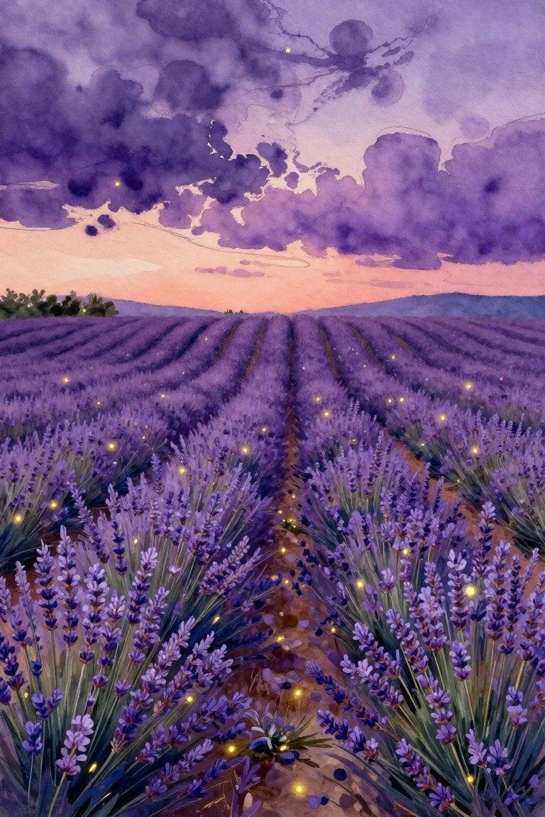 Watercolor of lavender rows under purple clouds at sunset with scattered glowing lights