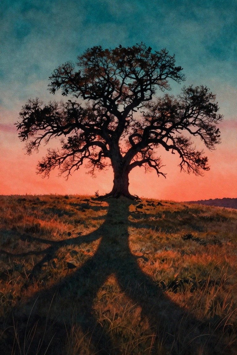 Silhouetted tree against pink-orange sunset sky, casting root-like shadow on grassy hill