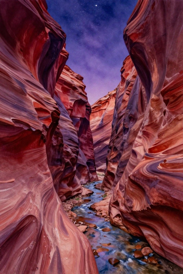 Narrow red rock canyon walls frame a winding stream under a starry sky.
