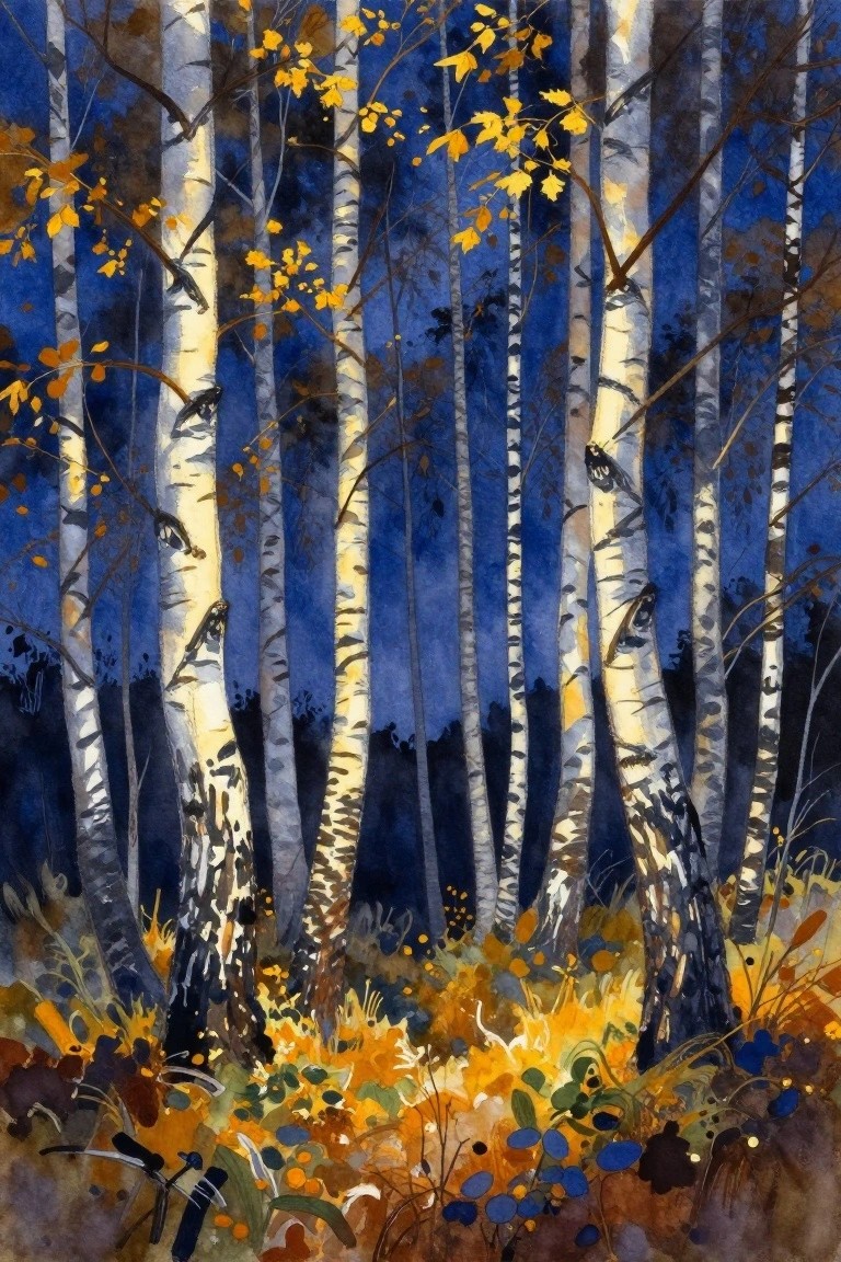 Watercolor birch forest with white trunks, yellow leaves, and vibrant autumn undergrowth