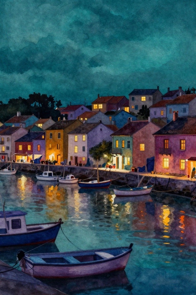 Watercolor of glowing colorful houses and boats reflected in twilight harbor waters
