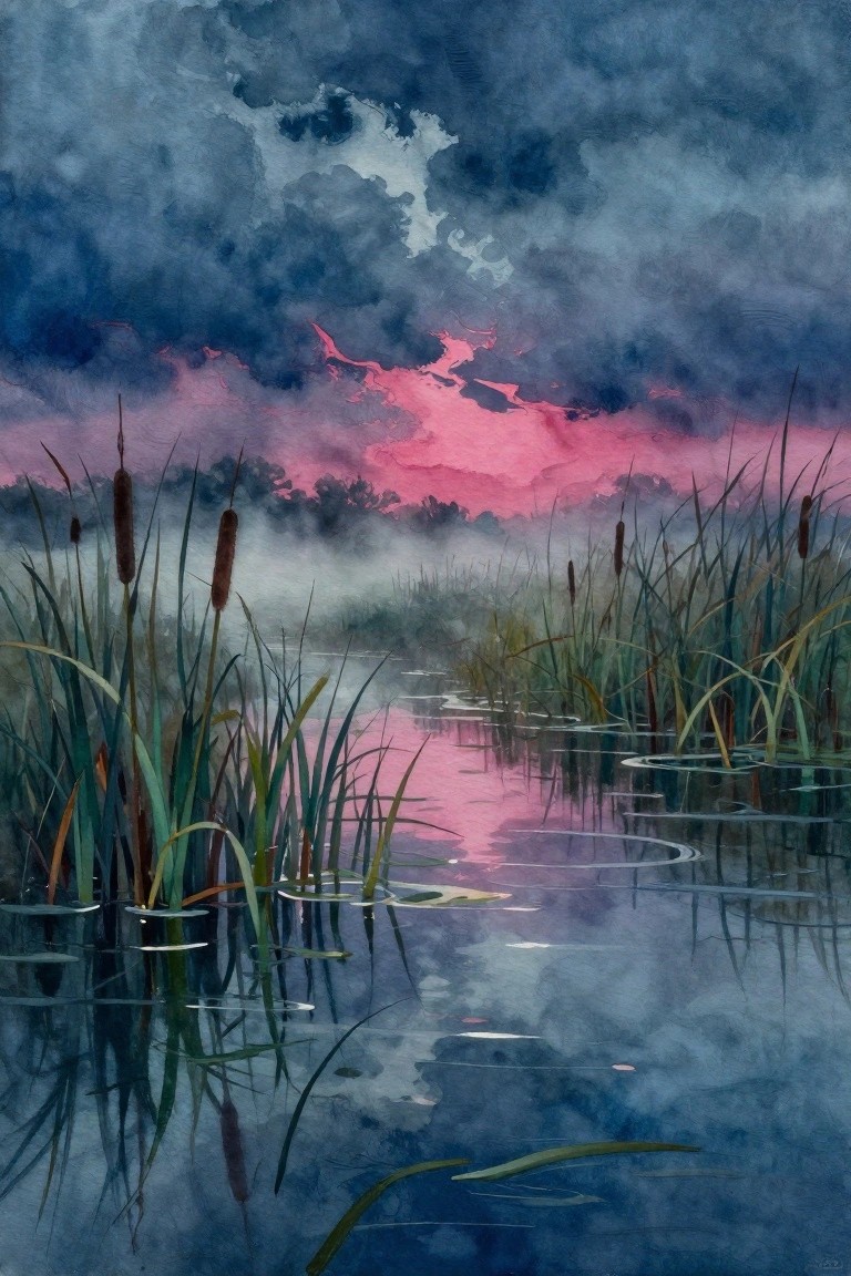A watercolor painting of a misty twilight marsh with tall reeds and pink reflections in the water under dark clouds.