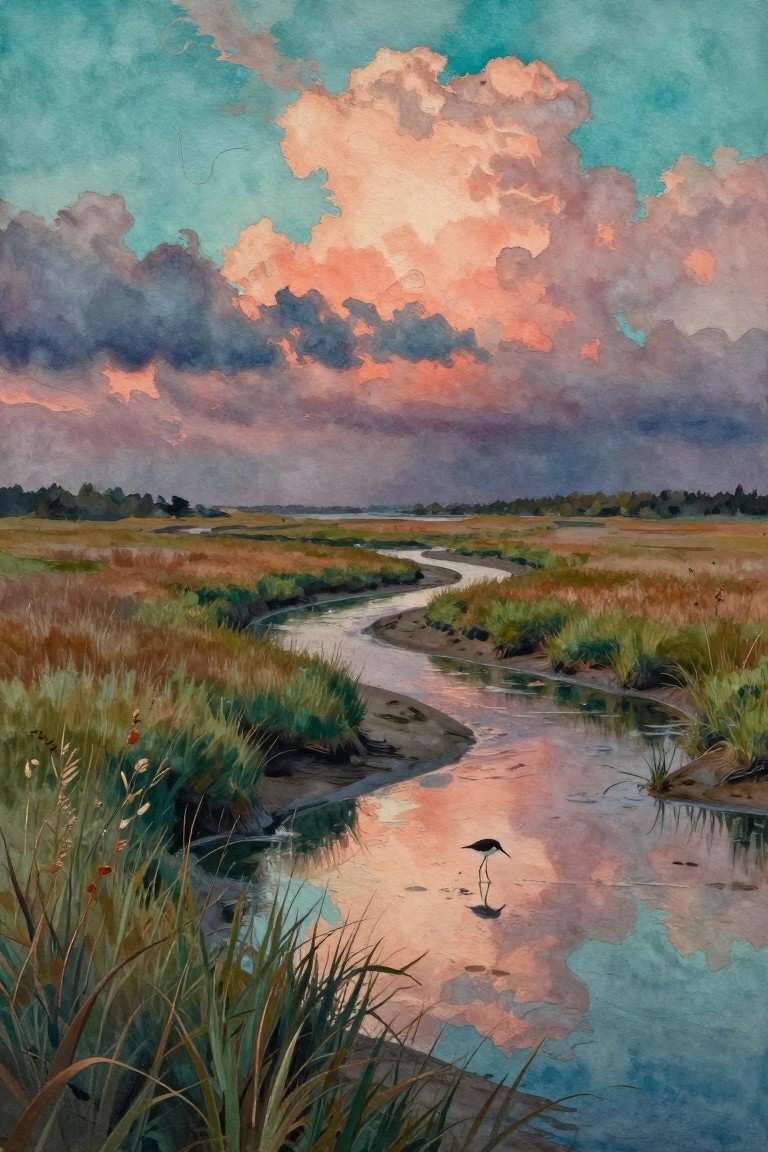Watercolor of a wading bird in winding marsh creek under pink-orange sunset clouds