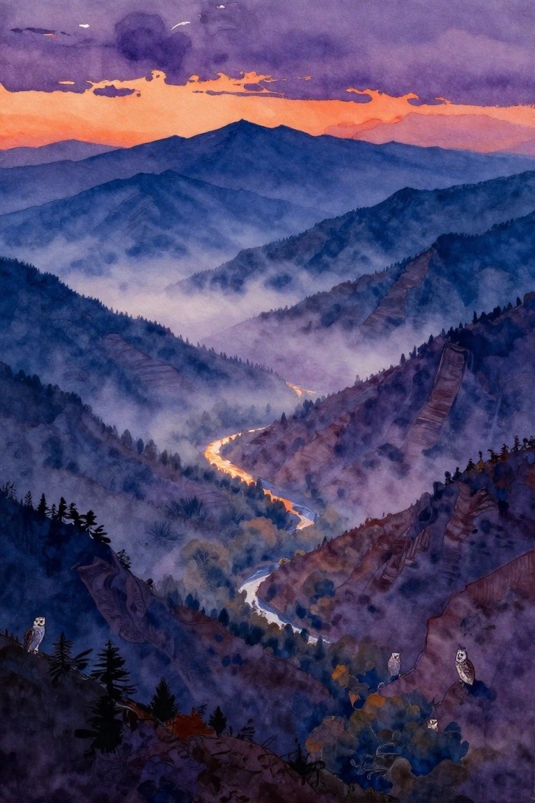 Watercolor of misty blue mountains at orange sunset with owls perched on cliffs.