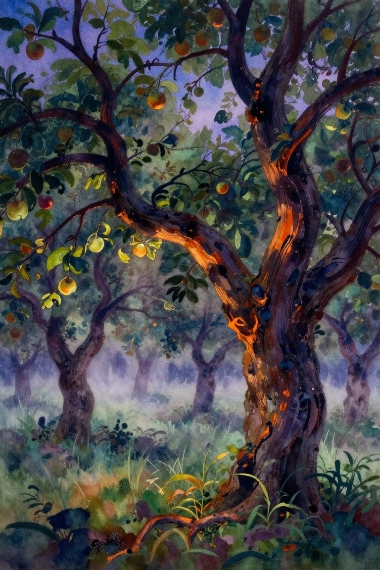 Watercolor of twisted apple trees with glowing trunks in misty twilight orchard