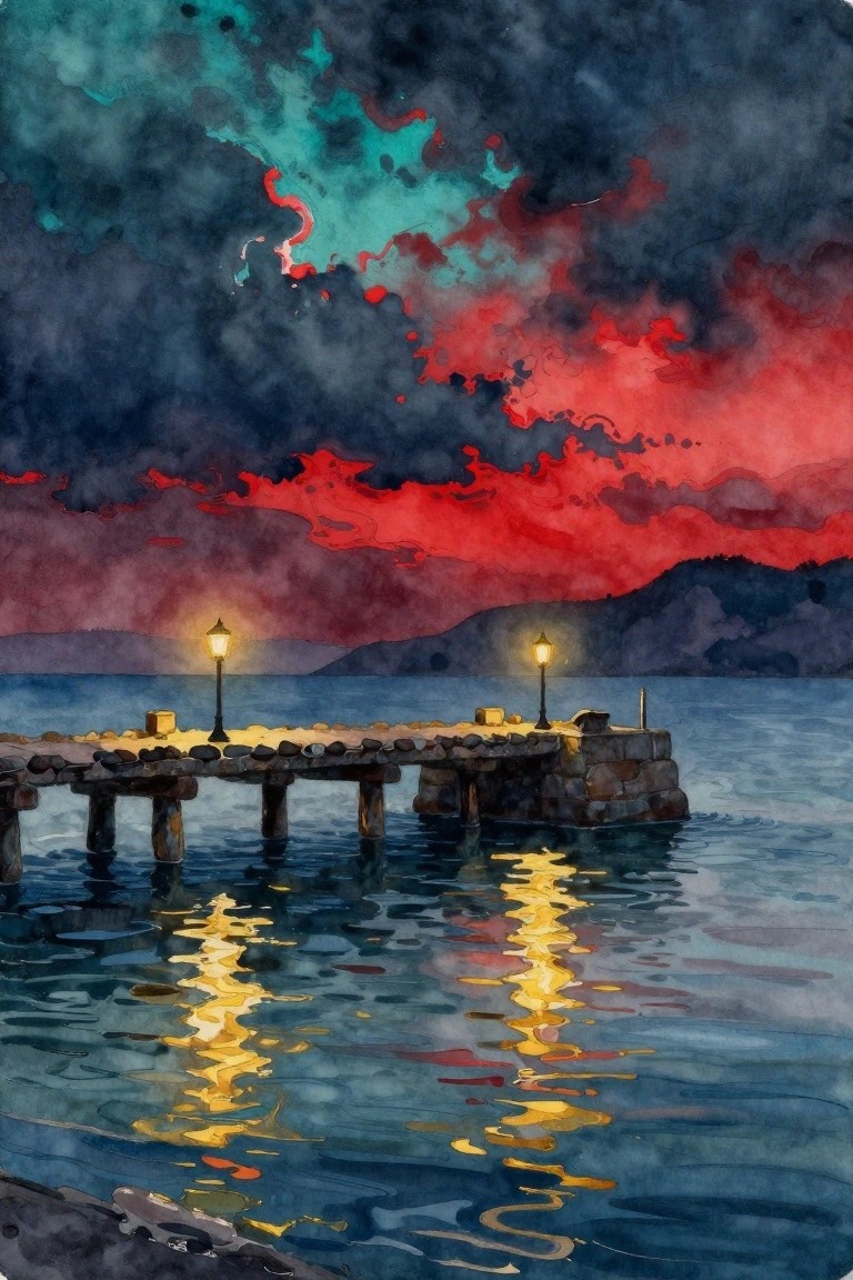 Watercolor of lamp-lit stone pier reflecting on water beneath vibrant red and teal clouds.