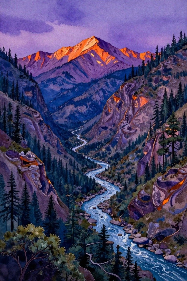 Watercolor landscape of winding river through purple mountains with glowing orange peaks