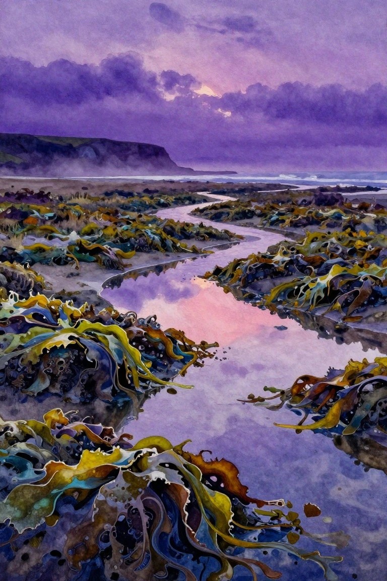 Watercolor of winding tidal stream reflecting pink sky amid vibrant seaweed and purple clouds.