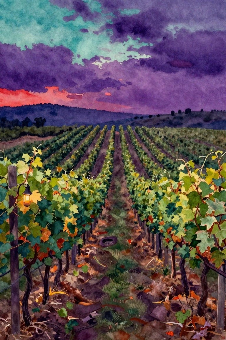 Watercolor vineyard rows under dramatic purple-teal clouds with red sunset and lantern.