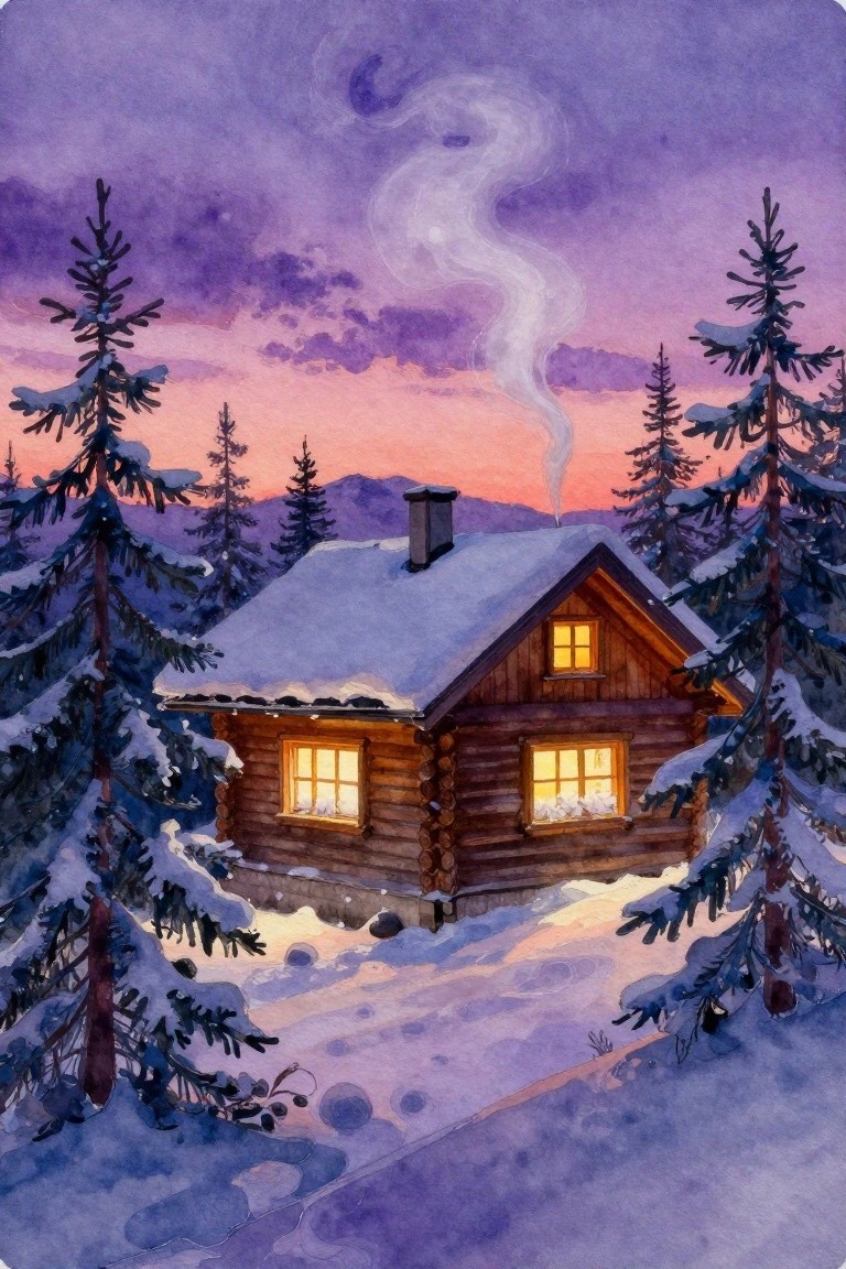 Watercolor of glowing log cabin amid snow-covered pines under purple-pink sky.