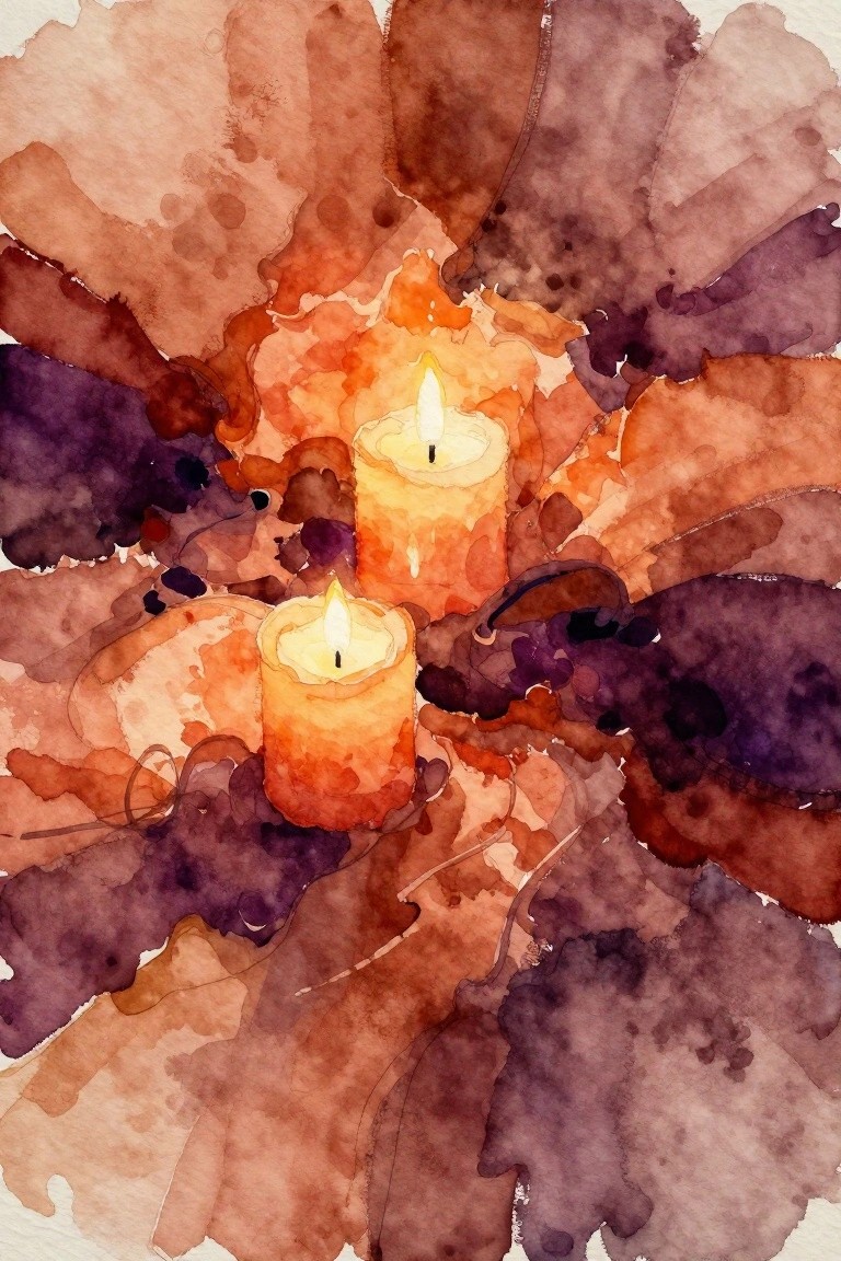 Watercolor painting of two lit candles amid vibrant autumn leaves in orange and purple