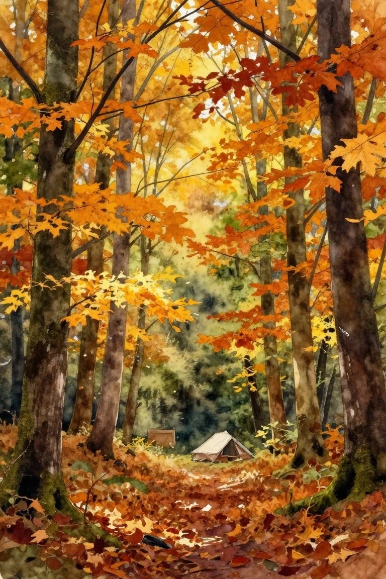 Watercolor of autumn forest with vibrant orange leaves and white tent along path