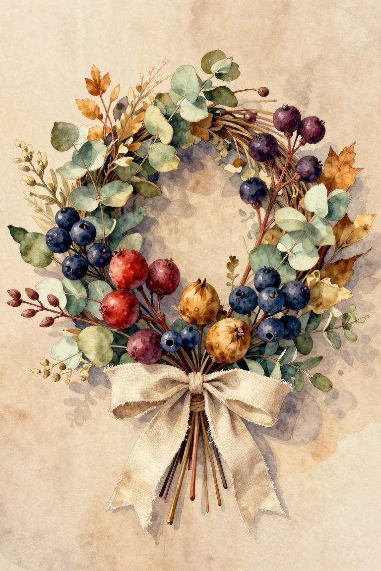 Watercolor wreath of blue, purple, red berries, green leaves, and beige bow.