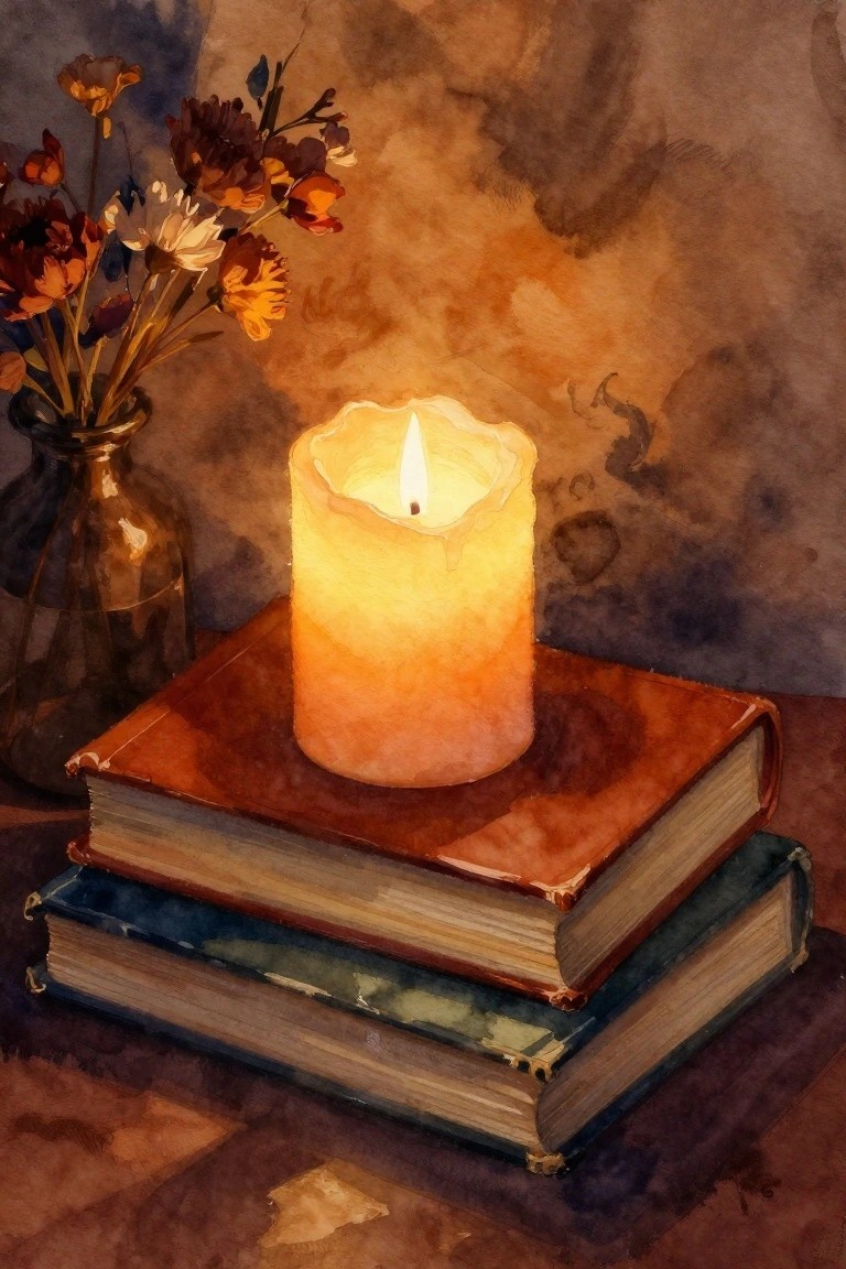 Lit candle on stacked books beside vase of dried flowers, warm watercolor tones