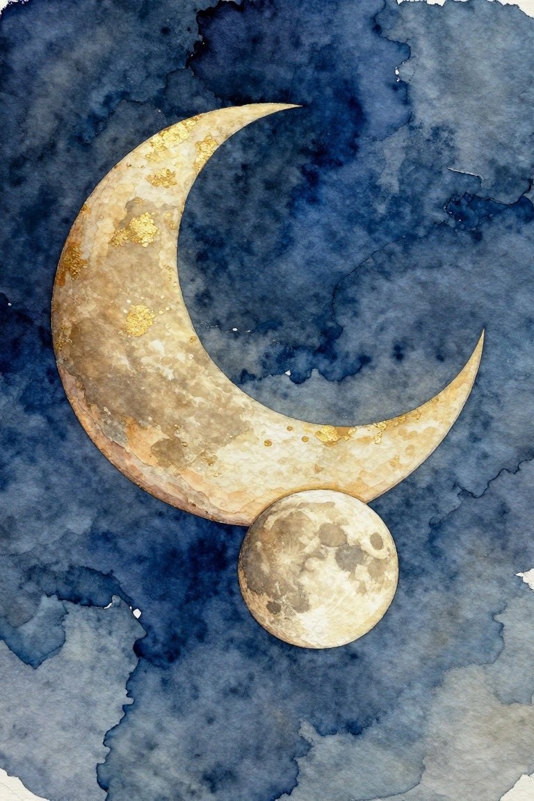 A large crescent moon with gold speckles positioned above a smaller full moon on a dark blue watercolor background.